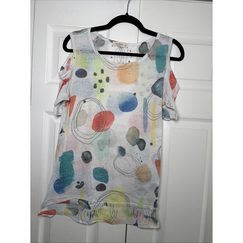 Jess & Jane Abstract Cold Shoulder Top Womens Size PL White Watercolor Burnout